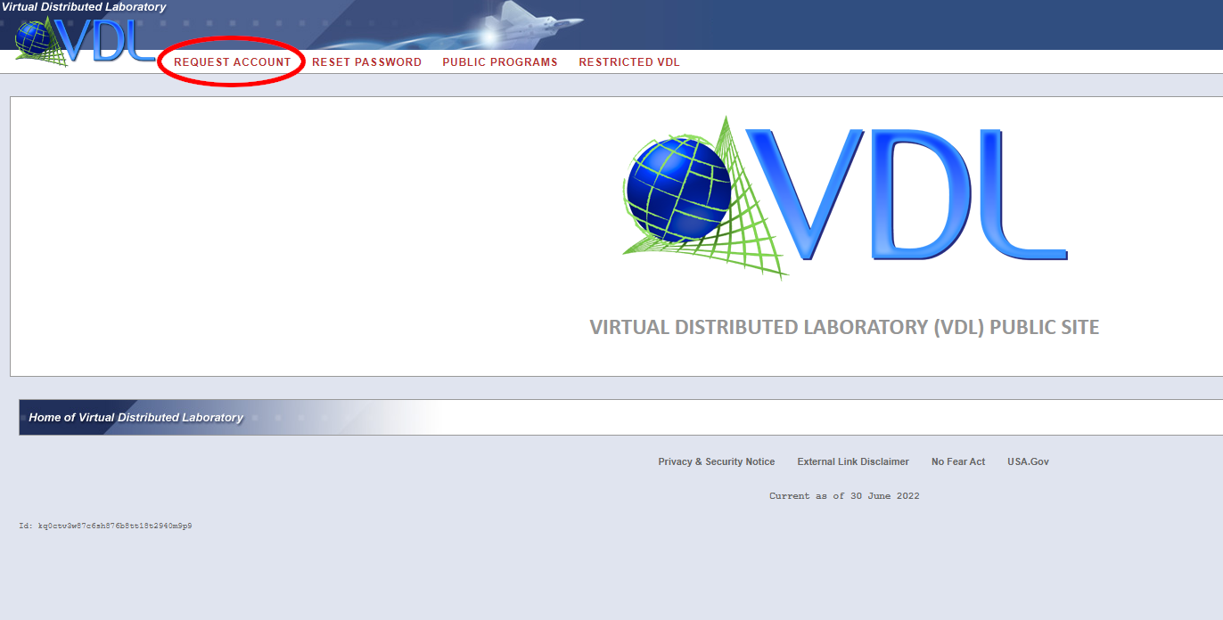 VDL public site showing highlighted REQUEST ACCOUNT link